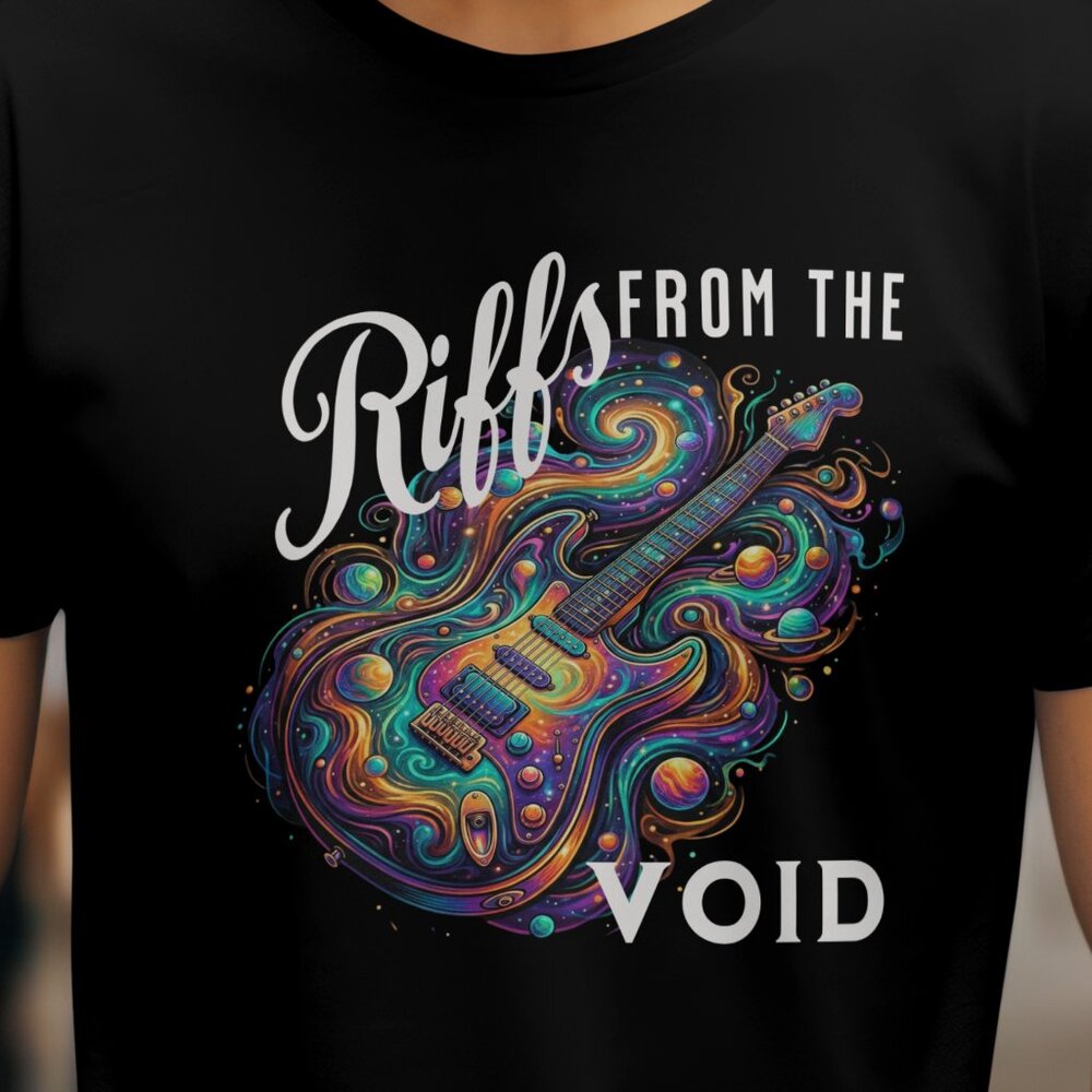 “Riffs From the Void” Psychedelic Guitar Graphic Tee – Black T-shirt